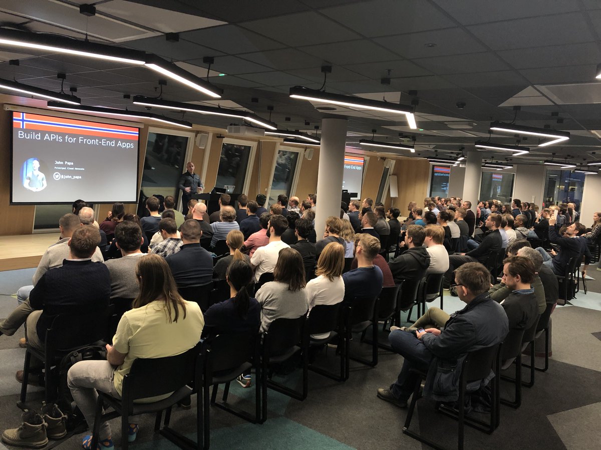 MSDevNo's tweet photo. It was a great pleasure to meet 150 developers from multiple local frontend meetups - @VueJsOslo @AngularOslo @reactjsnorway @framsia - at the event hosted by @MicrosoftNorge with a special guest - @John_Papa. How to build a proper API? Which framework to choose? Now we know! https://t.co/FSKQWu1Bbj