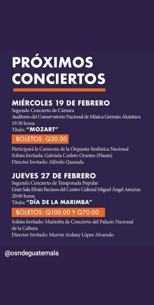 Luis Recinos Presidente del Consejo de OSN, Gabriela Corleto, solista en el Concierto #Mozart y Marvin López Director en el Concierto #DiadelaMarimba fueron entrevistados en <a href="/nuestromundo7/">Nuestro Mundo</a> por <a href="/MarioVallar/">Mario Vallar</a>

BOLETOS a la venta en nuestras oficinas 3ra Ave 4-61 z1, de 9am a 4:30pm