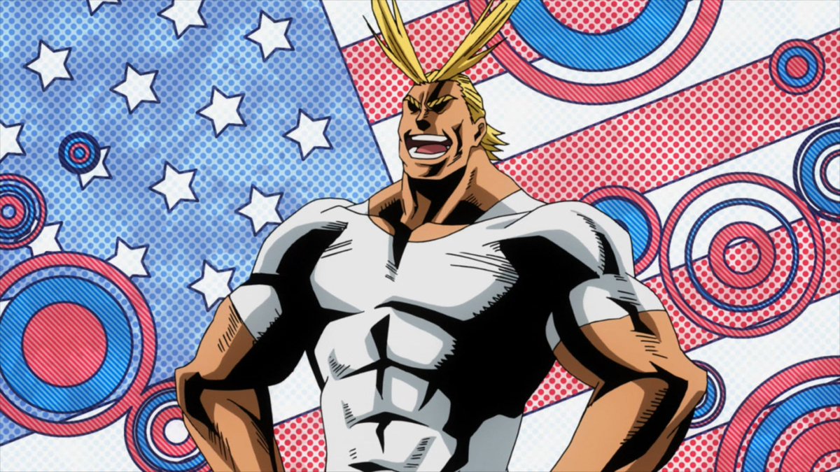 The anime is really wonderful in its background art additions (red, white and blue works so well with All Might and is a nice callback to characters like Captain America)