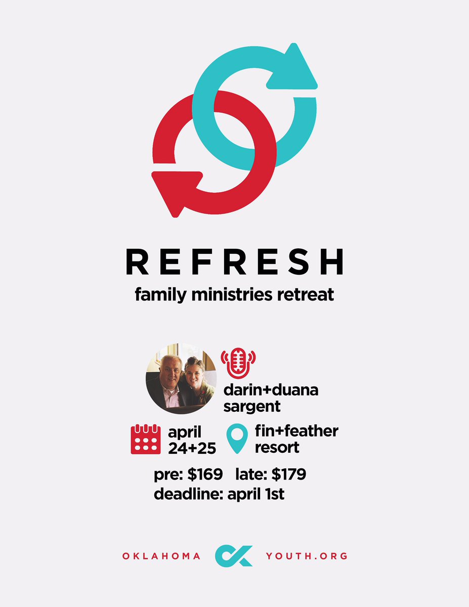 okyouth's tweet image. REFRESH: A two-day retreat for married couples. Registration will go live at oklahomayouth.org on Wednesday, February 26th!