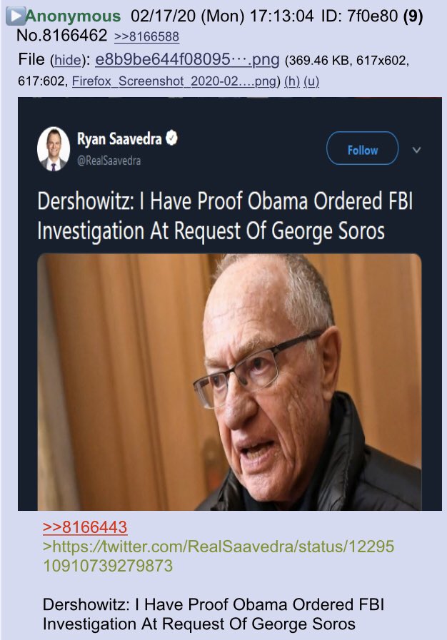 2runtherace's tweet photo. Dershowitz: I have proof Obama ordered FBI investigation at request of GS!!
#QResearchNotable #Dershowitz
@realDonaldTrump https://t.co/zmZ1J4sM1D