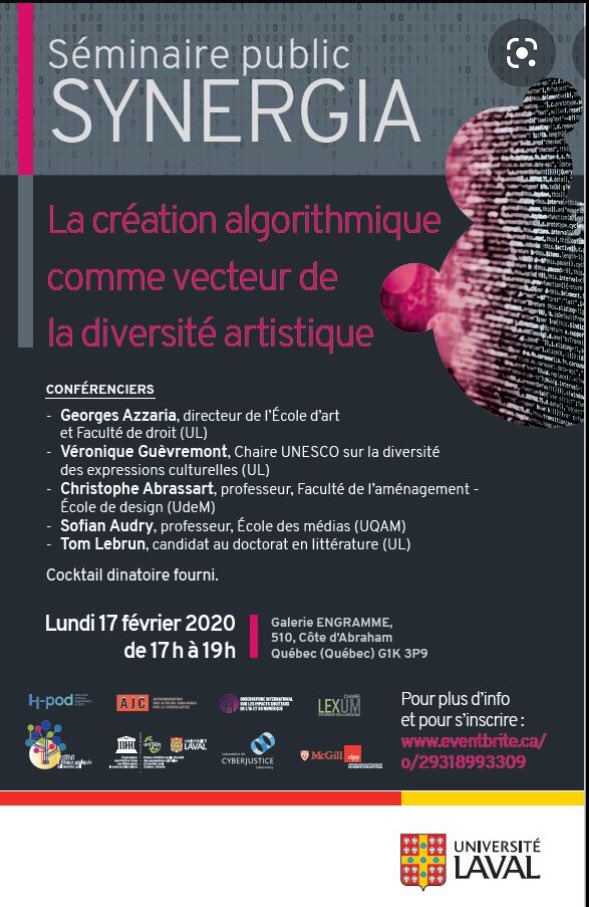 MathildeBondu's tweet image. 💡En direct du colloque SYNERGIA sur la création algorithmique comme vecteur de la diversité artistique, au sein de la galerie d’art @EngrammeQc ! Merci à nos professeurs du @M2_PIFTN au Canada @vguevremont et @pldeziel pour l’invitation et aux conférenciers ! #ia #ulaval