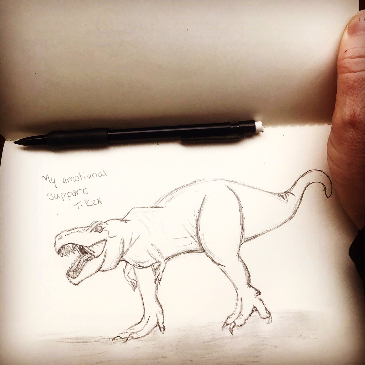 JaeRichDesigns's tweet photo. My emotional support T-Rex says hey.🦖 #sketchbook #practice #selfcare https://t.co/EwXKKcvq2y