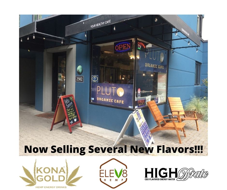 RaindropDistri1's tweet photo. Pluto Organic Cafe "Healthy Food, You Need It? We Have It!" located in Seattle (2502 5th Ave) has just added several new flavors for you to enjoy! Now stocking Kona Gold: All flavors • HIGHDrate: Blue Isl Punch, Kiwi/Straw, Tropical Coconut, Sour Apple • Elev8: Lemon Iced Tea https://t.co/AiTkRUC2ms