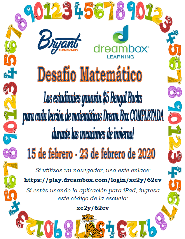 TeamBryantES's tweet photo. Winter Break is a great time for our #teamBryantES scholars to relax &amp; rejuvenate. It's also a great time to get in extra math practice. Scholars can log in to @DreamBox_Learn for math practice &amp; earn Bengal Bucks for every lesson they complete during the break! #CobbMath https://t.co/FTozuqLiK2