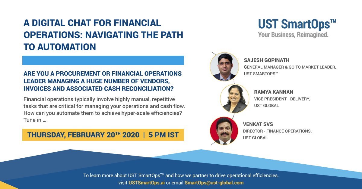 USTglobal's tweet photo. Join our webinar this upcoming Thursday to see how we are helping our customers modernize financial operations with automation. Register now https://t.co/aNHeYDbdSD to book your spot at 5 PM (IST) #digitaltransformation #ai #ustsmartops #finops #invoicing https://t.co/ZWoNCQ9Yxl