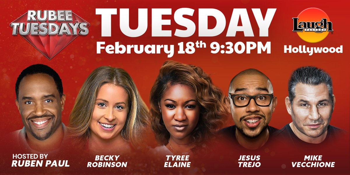Laugh Factory (@thelaughfactory) on Twitter photo Some #TuesdayMotivation for ya. See #standupcomedy by some of the best comedians in the country. Catch The King of Staten Island 🌟 <a href="/ComicMikeV/">Mike Vecchione</a> with <a href="/JesusTrejo/">Jesus Trejo</a>, <a href="/beckyrrobinson/">BECKY ROBINSON</a>, <a href="/TyreeElaine/">Tyree Elaine</a>, & <a href="/IamRubenPaul/">Ruben Paul</a>! Get your tickets to this #awesome show
Tix - bit.ly/RubeeTues0218 Some #TuesdayMotivation for ya. See #standupcomedy by some of the best comedians in the country. Catch The King of Staten Island 🌟 <a href="/ComicMikeV/">Mike Vecchione</a> with <a href="/JesusTrejo/">Jesus Trejo</a>, <a href="/beckyrrobinson/">BECKY ROBINSON</a>, <a href="/TyreeElaine/">Tyree Elaine</a>, & <a href="/IamRubenPaul/">Ruben Paul</a>! Get your tickets to this #awesome show
Tix - bit.ly/RubeeTues0218