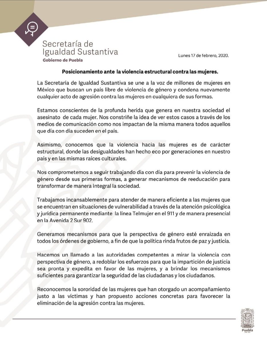 MujeresGobPue's tweet photo. La Secretaría de Igualdad Sustantiva rechaza y condena cualquier tipo de violencia contra las mujeres. https://t.co/Y4I7gqn1Mf