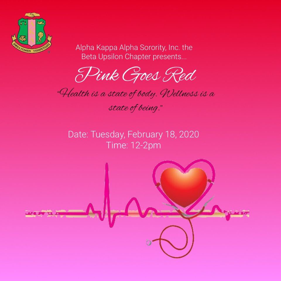 Meet the ladies of the Beta Upsilon chapter in the bottom of Kearny tomorrow as we raise awareness for heart health! #PinkGoesRed 💕❤️