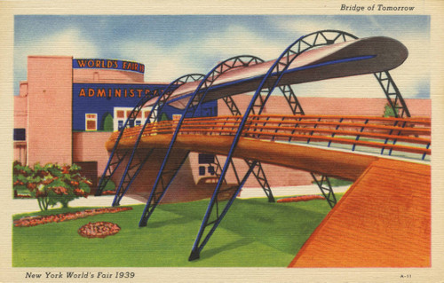 artdecoarch's tweet photo. Bridge of Tomorrow, New York World’s Fair - Isn’t this terrific? The bridge connected the Administration Building with the main exhibit area of the Fair. The postcard (not NYPL) indicates that it was super colorful. Source: NYPL  https://t.co/igTb4STVQn #artdeco #nywf https://t.co/s7oaCQ6UwI