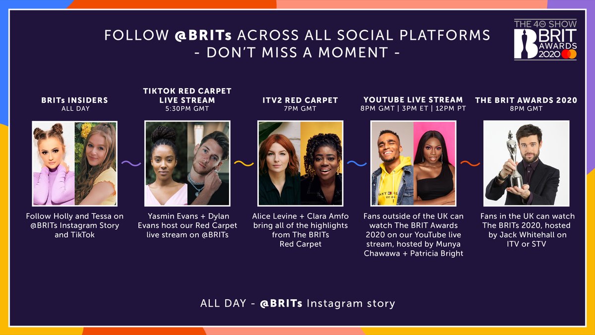 BRITs's tweet photo. ⚡️ Happy BRITs day!!!! ⚡️Here's a lil rundown of where you can find all of The #BRITs related action throughout the day👇

Shoutout to @jackwhitehall, @YasminEvans, @MrDylanEvans, @PattyOLovesU, @munyachawawa, @Alicelevine, @claraamfo, @thetessamcguire + @HollyH! https://t.co/zYT4DkvMpP