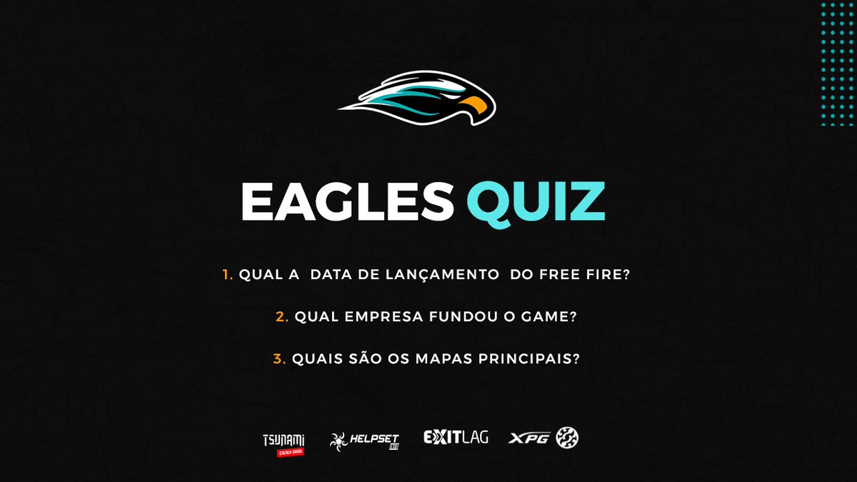 NewEaglesTeam's tweet photo. CHEGOU A HORA DO EAGLE QUIZ! 

Será que você tem conhecimento do @FreeFireBR? 

Queremos saber quem  é aquele que sabe tudo do jogo! 

Que comece os jogos! 

#goEagles https://t.co/kL5yvGxiWq