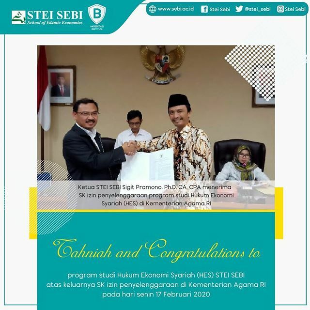stei_sebi's tweet photo. Alhamdulillah kampus STEI SEBI menerima SK izin penyelenggaraan Program Studi Hukum Ekonomi Syariah (HES) di Kementerian Agama RI, Jakarta, Senin (17/2/2020). #steisebi
#hukumekonomisyariah
#kemenagri https://t.co/bQ417djpYI https://t.co/XspaLx3Qck