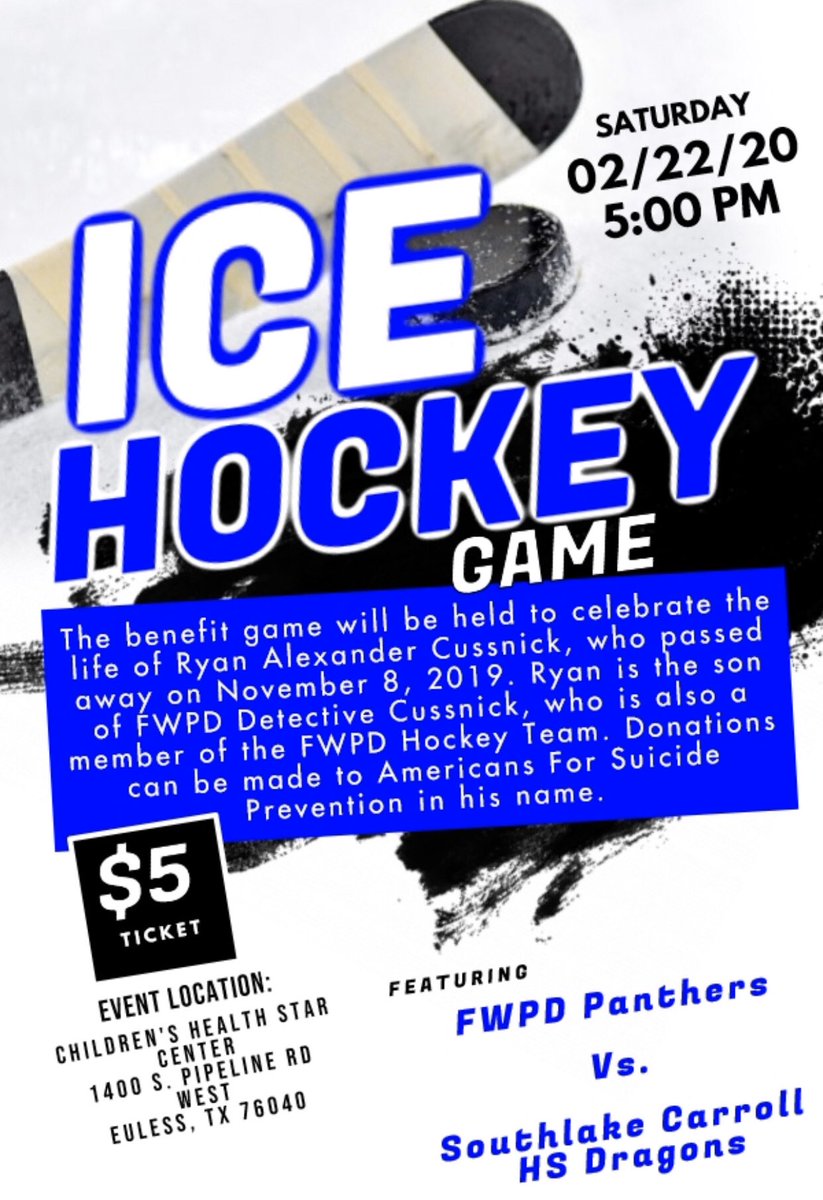 Amidst tournaments and playoffs, Varsity Dragons are participating in a benefit game vs @FWPDhockey. Please join us on Sat, Feb 22, 5:00 at Euless StarCenter. @SouthlakeDPS  Details in flyer. #DragonHockey