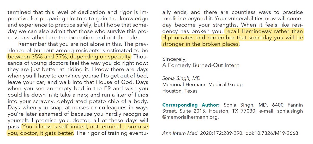"Please remember that it is all the qualities that I describe here—being driven, sensitive, compassionate, and conscientious to a fault—that make residency such a minefield for you. You are deeply human." --<a href="/SoniaSinghMD/">Sonia Singh MD</a> annals.org/aim/article-ab… <a href="/AnnalsofIM/">Annals of Int Med</a> ★