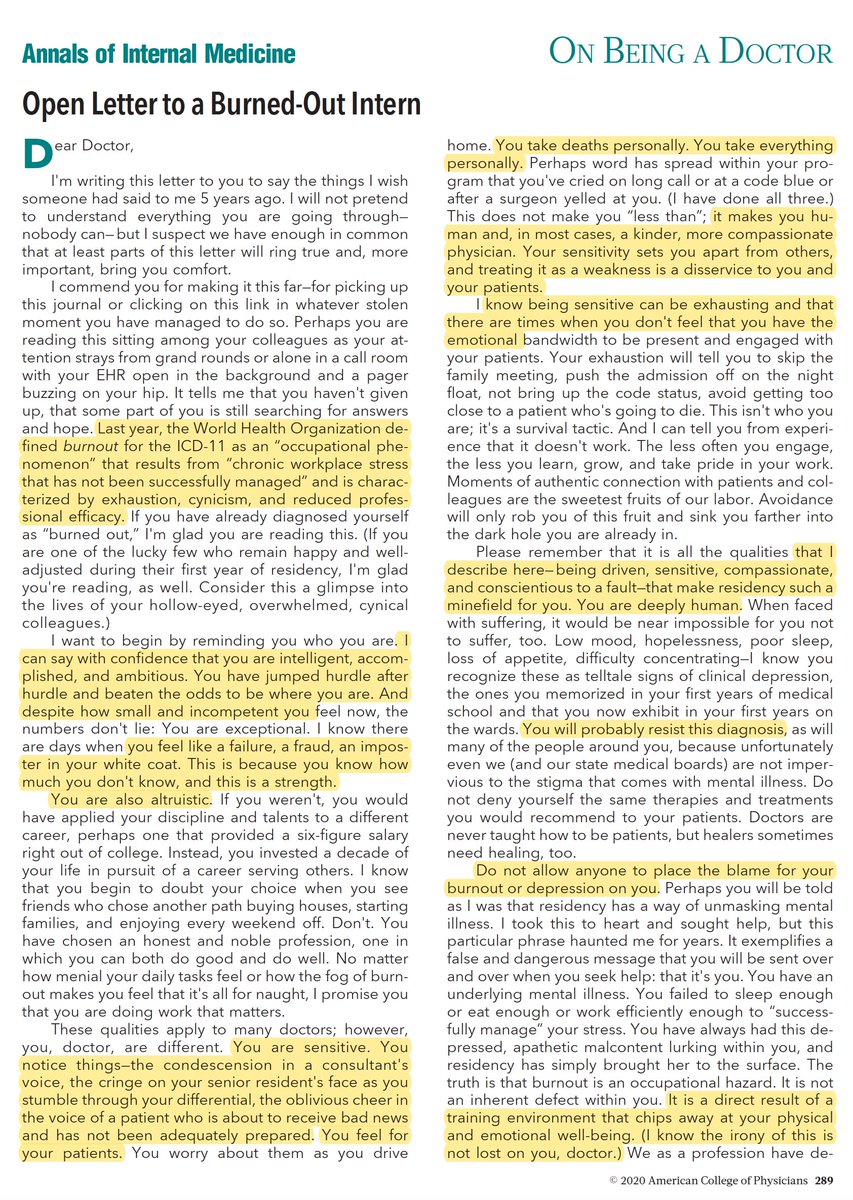 EricTopol's tweet photo. "Please remember that it is all the qualities that I describe here—being driven, sensitive, compassionate, and conscientious to a fault—that make residency such a minefield for you. You are deeply human." --@SoniaSinghMD https://t.co/l5EdeAEJPs @AnnalsofIM ★ https://t.co/5AYpx84g9S