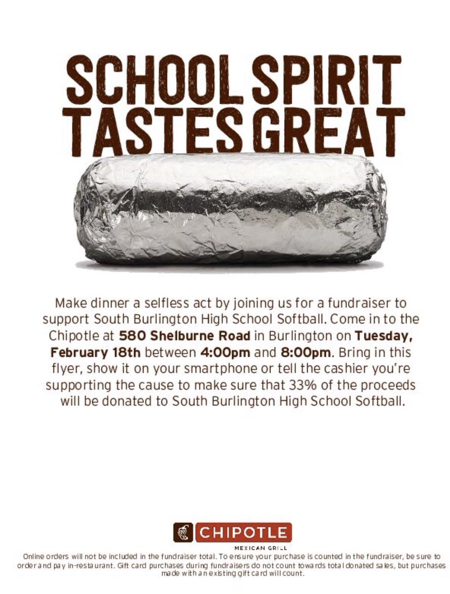 SBWolvesSoftbal's tweet photo. Tired of making dinner? Head  down to @ChipotleTweets tomorrow and show this picture to support our team! https://t.co/uAEXZ5C3HT
