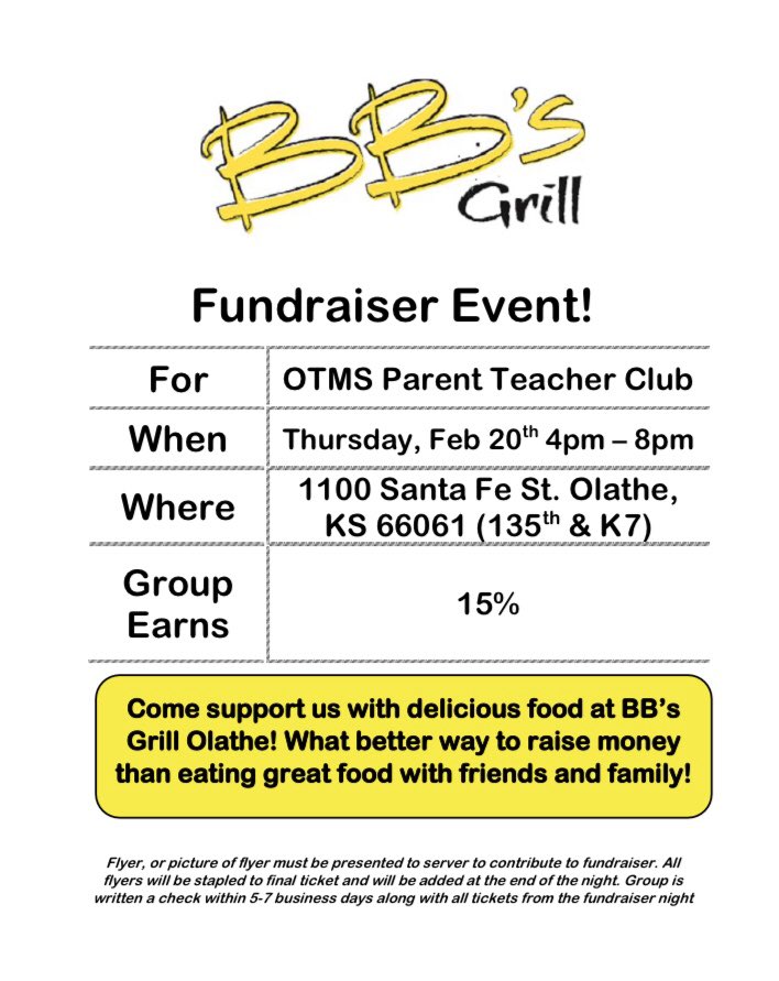 Oregon Trail PTC (@otms_ptc) on Twitter photo Let BB’s do the cooking for you Thursday night (2/20) while you support the OTMS PTC. 4:00-8:00. Just show this flier. Thanks for your support! <a href="/OTMSTigerPride/">Oregon Trail Middle School</a> Let BB’s do the cooking for you Thursday night (2/20) while you support the OTMS PTC. 4:00-8:00. Just show this flier. Thanks for your support! <a href="/OTMSTigerPride/">Oregon Trail Middle School</a>
