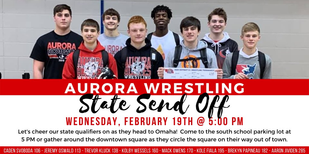Let's give these boys a BIG send off as they head to state wrestling on Wednesday!  <a href="/aurora_wrestle/">Aurora Boys Wrestling</a>