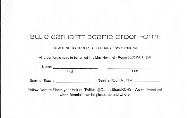 DaretoShareRCHS's tweet photo. Fill out this order form and return it to room 5600 with 20$ cash by 3:00 on February 18th for a cute beanie and to support wish week! https://t.co/8NDcNzJeFW