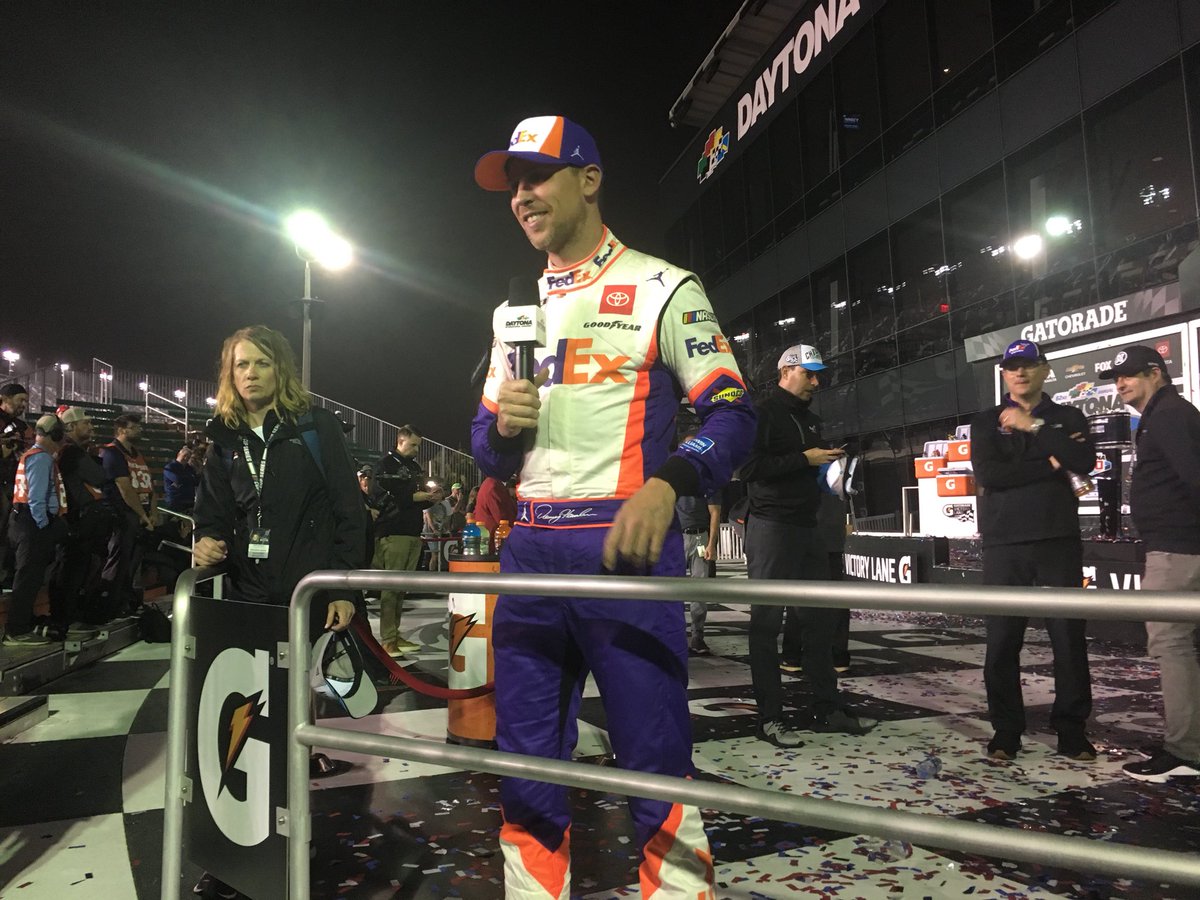 JonAlba's tweet photo. Denny Hamlin says he was not aware of the severity of the Ryan Newman wreck until after he celebrated and was told no on-track interview. Said he did not personally see the second major contact. #NASCAR #Daytona500 https://t.co/9tCOFngzbK