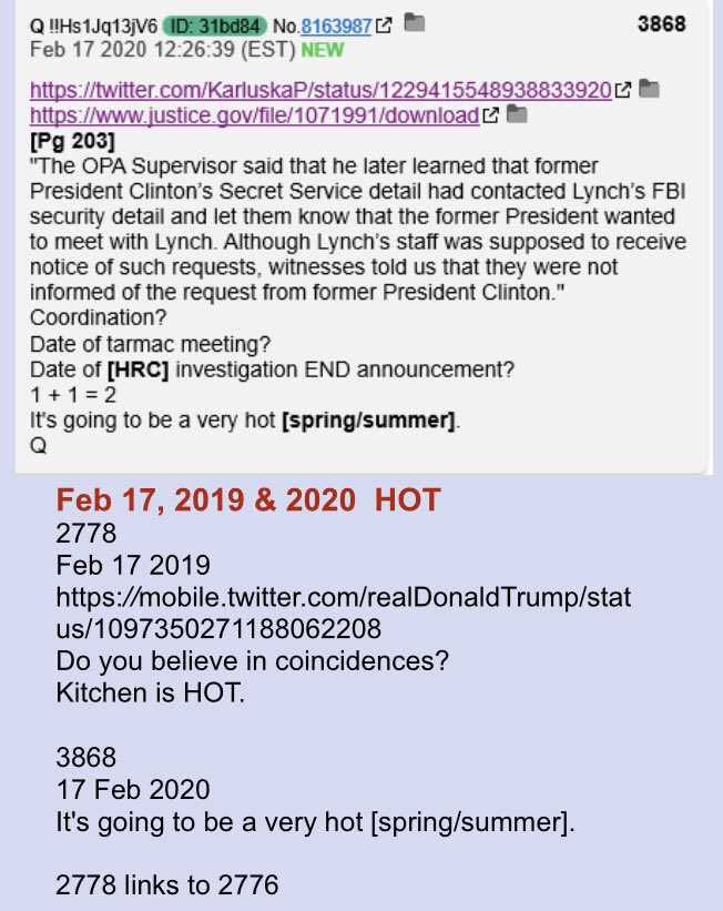 2runtherace's tweet photo. Feb 17, 2019 &amp; 2020 "HOT" 1yr Delta on Q crumbs!!
#QResearchNotable #QAnon #HotSpring #HotSummer #KitchenIsHot
@realDonaldTrump https://t.co/vhzRPaTEeL