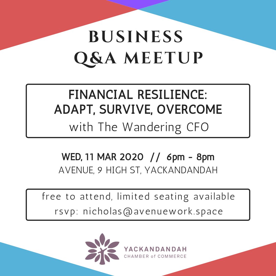avenueyack's tweet photo. Financial resilience allows your business to ride out hard times and maximise profits during the good times 🐢 ☔️ 🌷 Avenue is hosting a business meetup with featured speaker, Luke from The Wandering CFO 💥💥💥 WED 11 MAR - 6pm - 8pm. RSVP nicholas@avenuework.space 💥 💥 💥 https://t.co/SXmXsy0yp8
