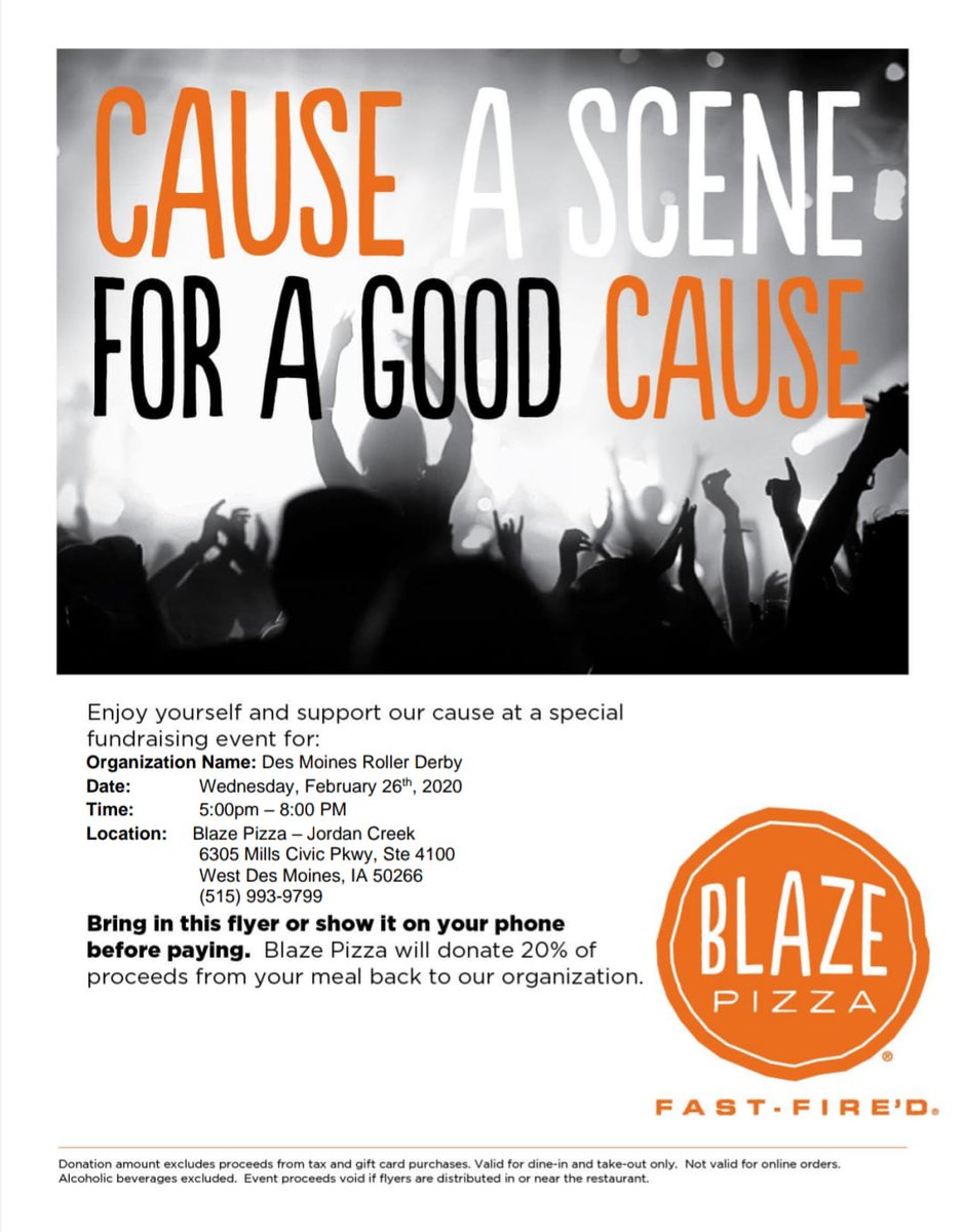 DesMoinesRD's tweet photo. Want to support local roller derby in Des Moines? Come to our Feb. 26 fundraiser at Blaze Pizza (Jordan Creek)!🍕 20% of proceeds go to DMRD when you show our flyer at checkout.
Info: https://t.co/2arzgH4FBx
#rollerDerby #supportLocalDerby #DSM #DesMoines https://t.co/tm2asdV2Le