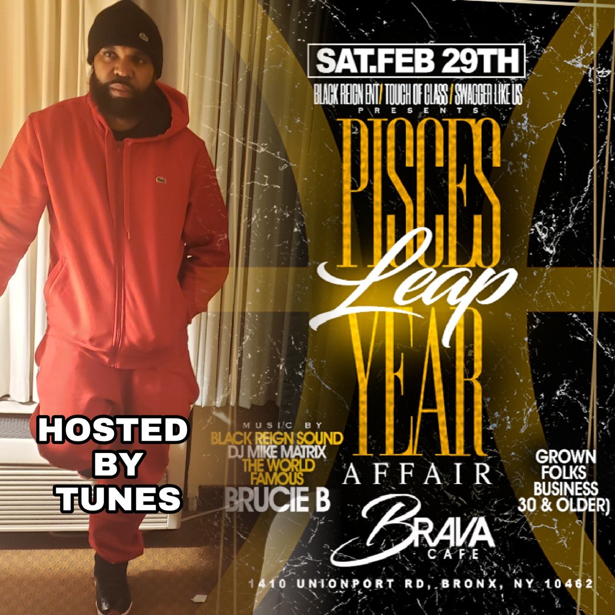 blackreignsound's tweet photo. GROWN FOLKS BUSINESS 
30 &amp; OLDER 
FEBRUARY 29TH 
PISCES LEAP YEAR AFFAIR 
@ BRAVA CAFE 
(FORMERLY KNOWN AS LORRAINE'S)
1410 UNIONPORT ROAD BX NY 
HOSTED BY @DJTUNESBX 
Music by @twfbrucieb https://t.co/XCDaoVEWzt