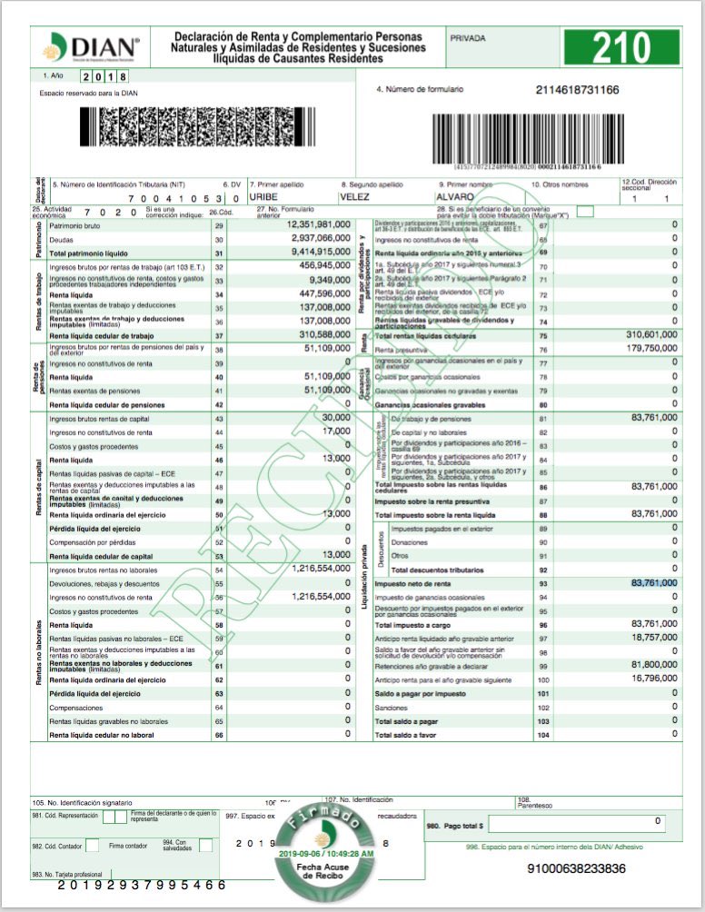PaoHerreraC's tweet photo. Voy a tratar de explicar, lo más claro posible, la declaración de renta del expresidente Álvaro Uribe. Empecemos, abro hilo👇👇 https://t.co/r62MOw97EJ