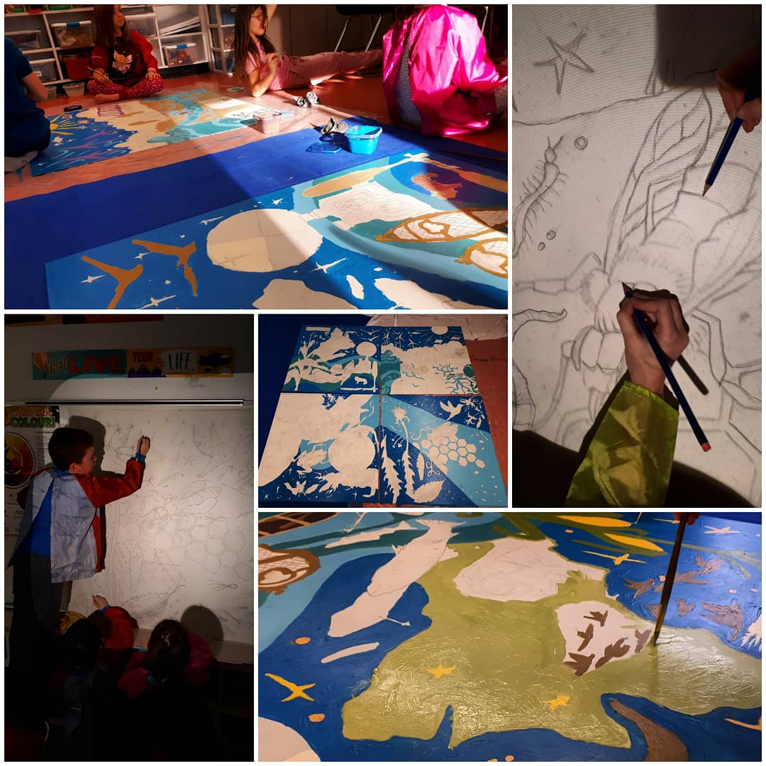Freshly completed mural at Courtland Park Int'l School, Montreal. Panels connect to units of inquiry: K/gr.1, plants/insects; gr.2, endangered species; gr.6, energy; gr.3, indigenous studies <a href="/ELANQuebec/">ELAN</a> #TeachLearnHelp #artistsinspire #elanarted #elanqc <a href="/EmRoseMichaud/">Emily Rose Michaud</a>