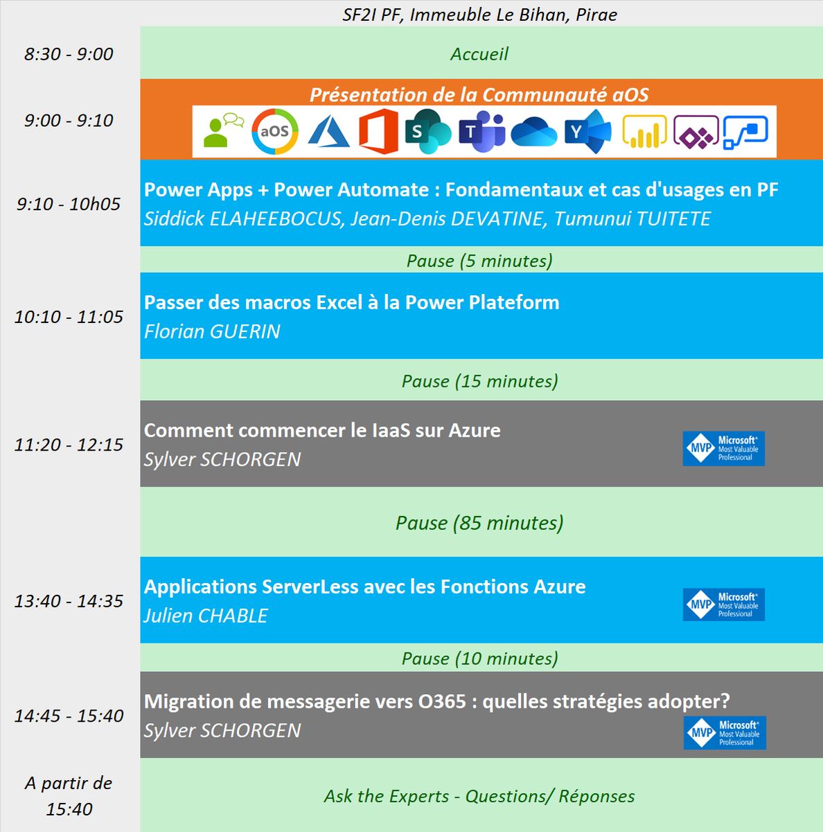 SP_twit's tweet image. L&apos;agenda de l&apos;#aOSTahiti du 03/03 et désormais disponible. Au programme #PowerAutomate #PowerPlateform #IaaS #AzureFunctions #ExO #Exchange avec S Elaheebocus JD Devatine T TUITETE F GUERIN @sylver_schorgen et @JChable. Dépêchez vous de vous inscrire sur weezevent.com/aos-tahiti
