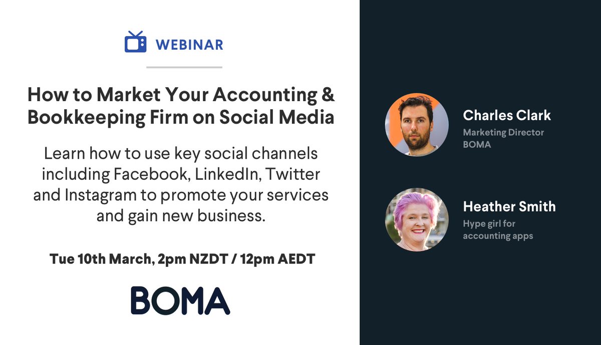 Join us on Tuesday 10th March at 2pm NZDT / 12pm AEDT as we discuss everything social media for #accountants &amp; #bookkeepers 

Learn more - bit.ly/39TuWun

#bomamarketing #marketing #socialmedia #webinar