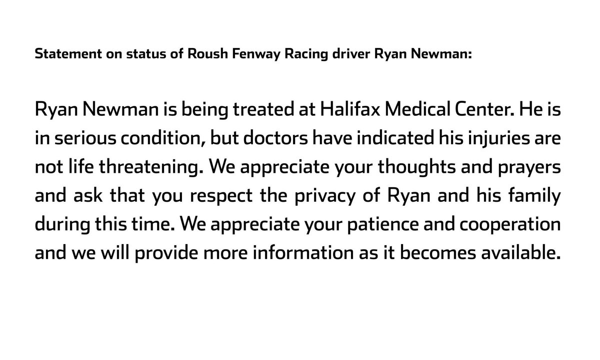 JonAlba's tweet photo. BREAKING: #NASCAR announces Ryan Newman is in serious condition, but doctors do not believe the injuries are life-threatening. #Daytona500 https://t.co/XDv4lvKNoW