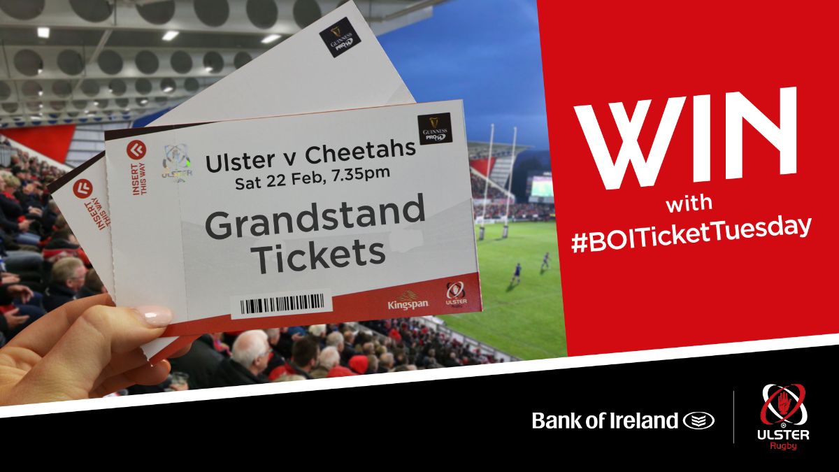 UlsterRugby's tweet image. 💥GIVEAWAY TIME💥 
Fancy watching Ulster v Toyota Cheetahs at Kingspan Stadium in this Saturday night, courtesy of @bankofireland? 

To be in with a chance to win 2 GRANDSTAND Tickets, simply: 
☑️Retweet 
☑️Follow @UlsterRugby

🎊Winner will be announced at 10am on Wednesday