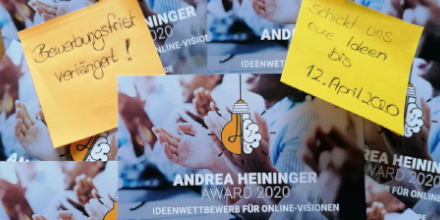 Die Bewerbungsfrist für den Andrea Heininger Award wurde verlängert: Bis zum 12. April 2020 könnt ihr eure Idee einreichen und erhaltet die Chance auf eine Business Starthilfe aus individuellen Dienst- und Finanzleistungen im Gesamtwert von 10.000 €! ah-award.de
