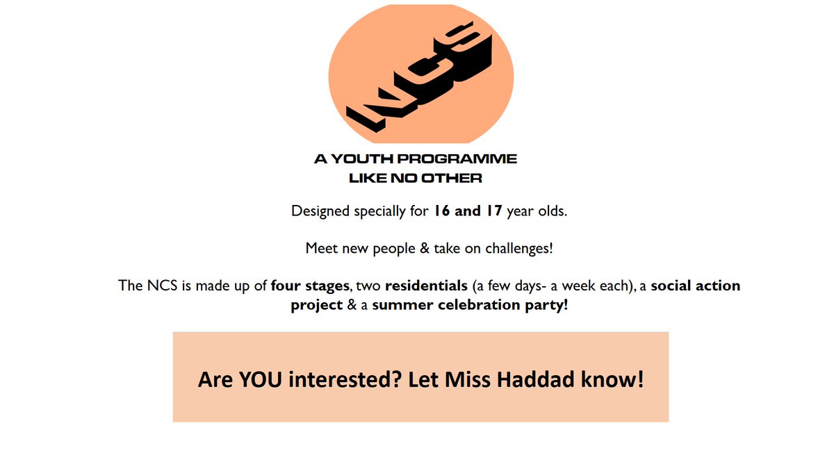 KAA_Intrepidus's tweet image. The NCS is a summer holiday residential programme which helps students to decide their futures. Take part in life skills learning, various team-building challenges, and social action projects. To find out more, speak to our Careers Coordinator, Miss Haddad #NCSYES @NCS