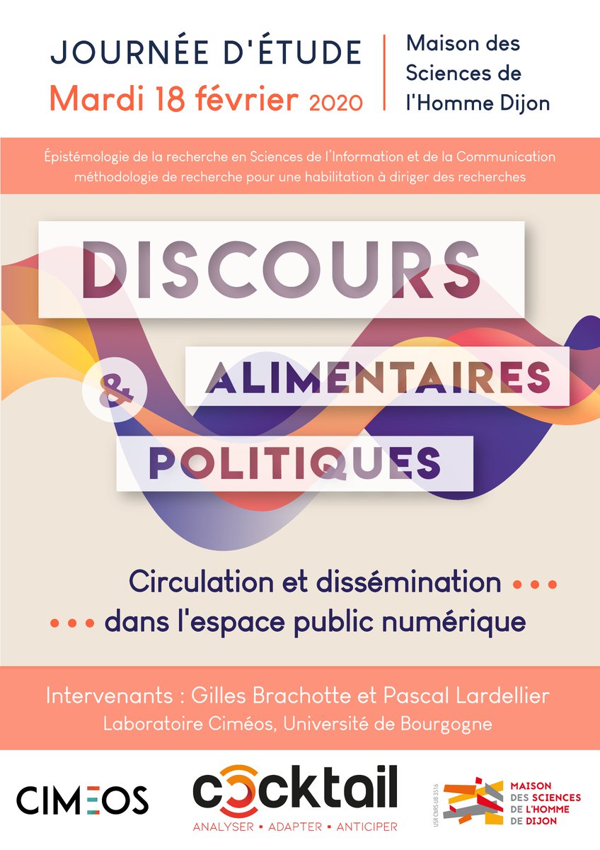 ProjetCocktail's tweet photo. Journée d'étude "Circulation et dissémination des #discours #alimentaires et #politiques dans l’#EspacePublicNumérique" par @Gillesbrachotte et @LardellierP du @ProjetCocktail à la @MSHDijon 
#séminaire #SHS #épistémologie #infocom #InformationCommunication https://t.co/QCCToW9FMg