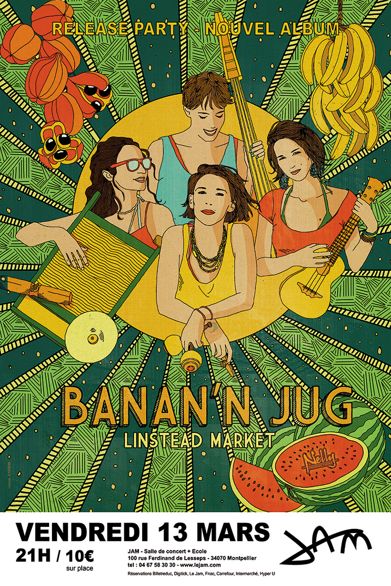 nellyprods's tweet photo. BANAN'N JUG présente son nouvel album #Linstead #Market VENDREDI 13 MARS au JAM Montpellier ! 
De Hawaii à Kingston, de cérémonies vaudou en réincarnations en punaise de lit ... c'est l'événement qui fait du bien ! Viens ! 
https://t.co/XQN3iE73Uf https://t.co/55URHoWuF3