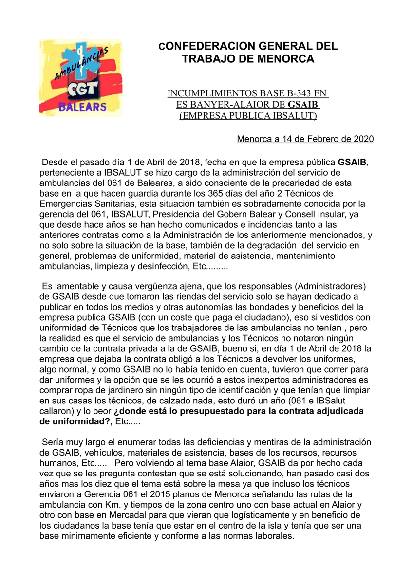 ANEAFederacion's tweet photo. Al hilo de la noticia publicada el pasado día 13/02, donde #CGT denunciaba la falta de cobertura de #TransporteSanitario en #Alaior por parte de #GSAIB, el sindicato ha publicado el siguiente informe de la “lamentable” situación en la que se encuentra la base ⬇️
·
#Ambulancias https://t.co/09fWoT6f8C