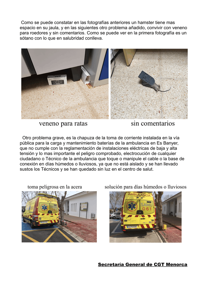 ANEAFederacion's tweet photo. Al hilo de la noticia publicada el pasado día 13/02, donde #CGT denunciaba la falta de cobertura de #TransporteSanitario en #Alaior por parte de #GSAIB, el sindicato ha publicado el siguiente informe de la “lamentable” situación en la que se encuentra la base ⬇️
·
#Ambulancias https://t.co/09fWoT6f8C