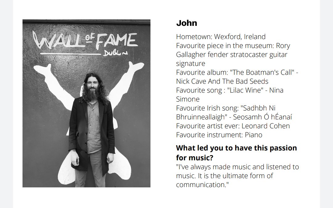 Meet our team. Just one of the world's lovely humans. Multi instrumentalist and all around beautiful person. John. #irishrockmuseum #Wexford #aintsaintjohn #snapdragon #Thinlizzy #rorygallagher #leonardcohen #discoverdublin