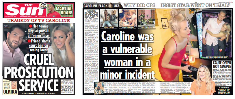 gameoldgirl's tweet photo. A couple of brief observations on #CarolineFlack, the #cps and the press (specifically @TheSun)

The CPS is coming in for a lot of stick for pursuing the case against Flack.  Here is some of this morning's coverage in the Sun. 
"Cruel Prosecution Service", a "minor incident" https://t.co/gbnJUGITR9