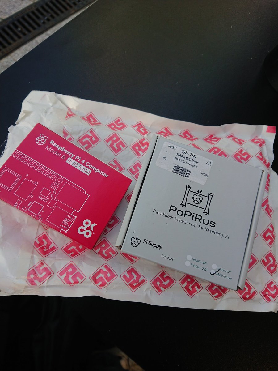 LeeBoabs's tweet photo. Just received my new @Raspberry_Pi 4 and @PiSupply #PaPiRus epaper screens!! Thanks @RSComponents for donating the hardware to built my new #RaspberryKiss to raise money for @AddactionUK !! 💜 https://t.co/VQxaXC6bQd