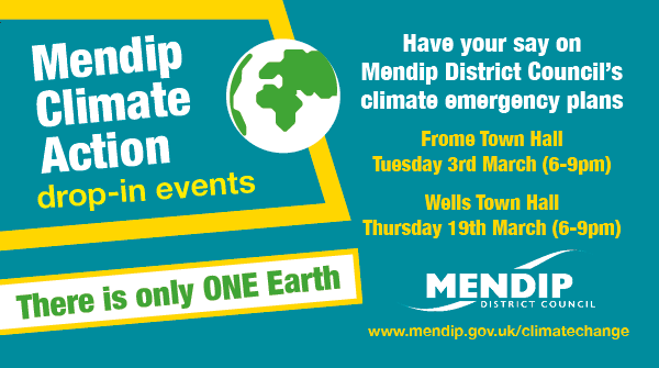 RT MendipCouncil: Concerned about climate change?🌍🌡️ Want to help reduce Mendip's carbon footprint?👣

Attend a drop-in event &amp; have your say on our plans for #Mendip to be carbon neutral by 2030.

#Frome Town Hall – Tue 3 Mar, 6pm-9pm
#Wells Town Hal…