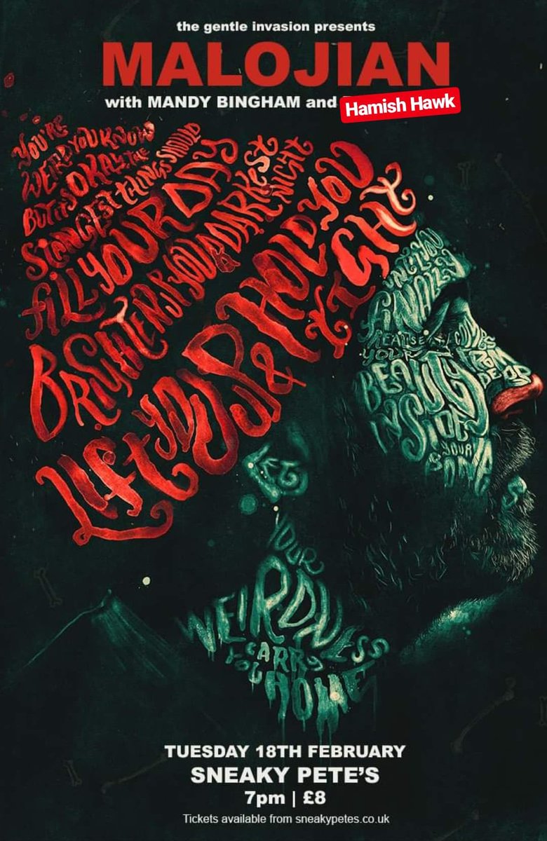 TONIGHT!

@Malojian 
<a href="/MandyMcW/">Mandy Bingham</a> 
&amp; @HamishJamesHawk 

7pm
<a href="/sneakypetesclub/">Sneaky Pete's</a> 

facebook.com/events/s/maloj…