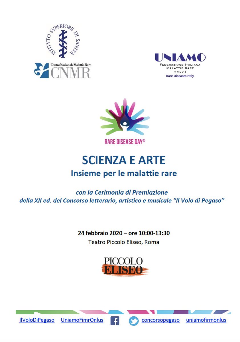 istsupsan's tweet photo. #Scienza e #Arte insieme per il #RareDiseaseDay
@cnmr_ISS e @uniamofimronlus festeggiano il 24.02.2020 @TeatroEliseo con @RizzolattiG @GiorgioAlbiani
#Cerimonia di #Premiazione di @concorsopegaso
Iscrizioni: https://t.co/dqVNrO5BXn
#malattirare #healthumanities https://t.co/JAcaec99Ty