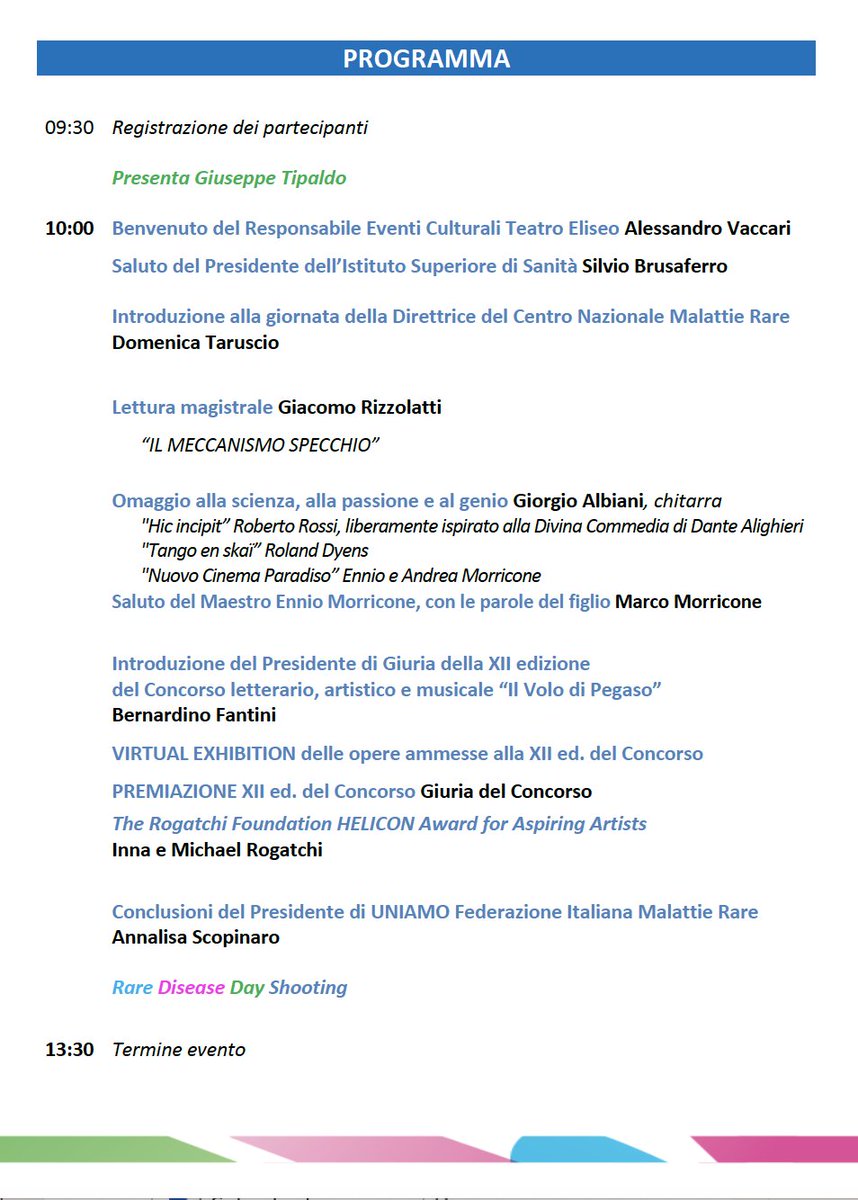 istsupsan's tweet photo. #Scienza e #Arte insieme per il #RareDiseaseDay
@cnmr_ISS e @uniamofimronlus festeggiano il 24.02.2020 @TeatroEliseo con @RizzolattiG @GiorgioAlbiani
#Cerimonia di #Premiazione di @concorsopegaso
Iscrizioni: https://t.co/dqVNrO5BXn
#malattirare #healthumanities https://t.co/JAcaec99Ty