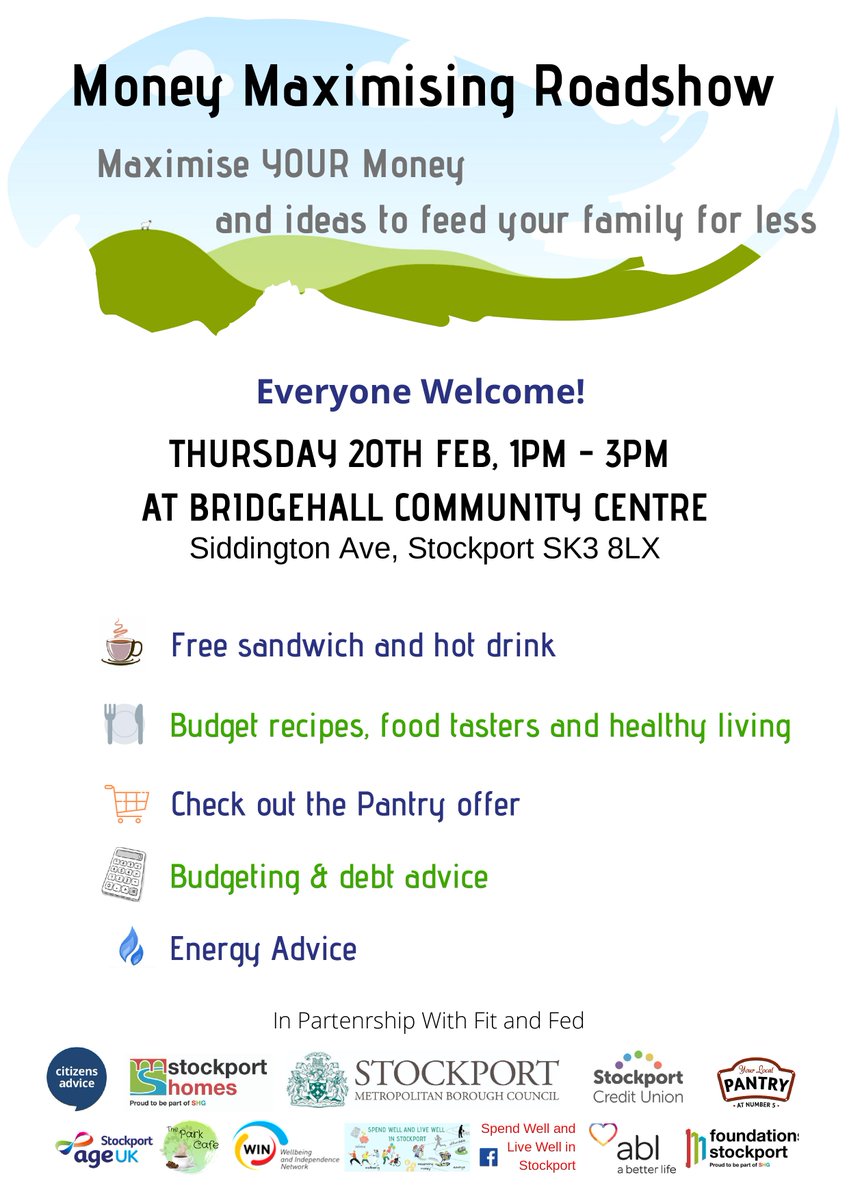Come along to the Money Maximising Roadshow at Bridgehall Community Centre on Thurs 20 Feb from 1pm-3pm, where you can get lots of help and advice to make your money go further. Everyone welcome!