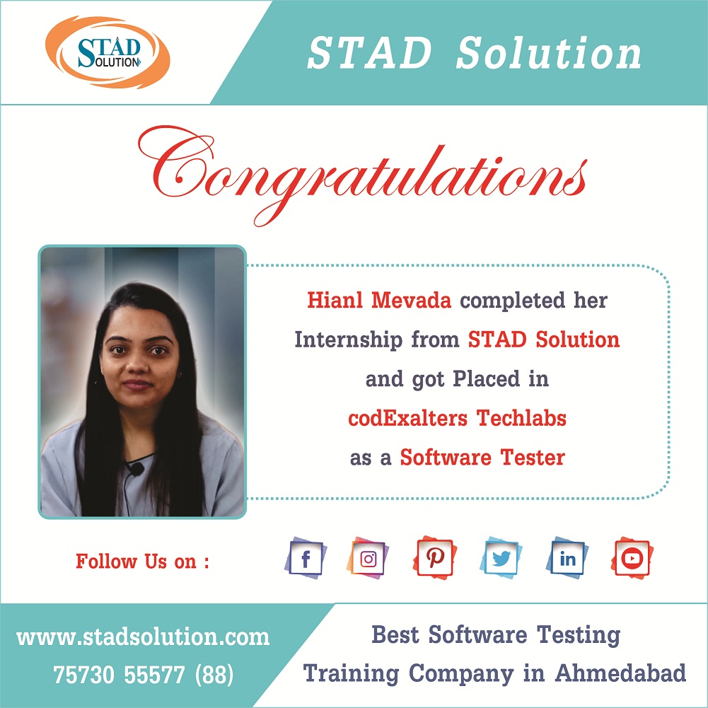 STAD_Solution's tweet image. Hinal Mevada Placed as a #Software_Tester in #Codexalters_Technolabs Pvt. Ltd
#IT #fresher #Jobs #Placement #QA #Training #SoftwarTestingtraning #ittraininginstitute #traininginstituteinahmedabad #JobPlacement #JobGuarentee #PlacementGuarentee #interview #LiveProjectTraining